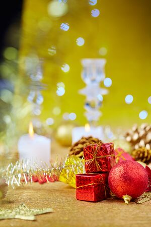 Christmas decorations on a gold backgroundの写真素材
