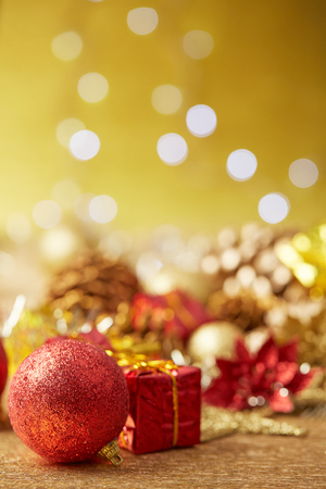 Christmas decorations on a gold backgroundの写真素材