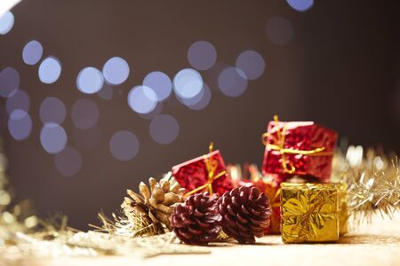 Christmas decorations on a background of lights and glareの写真素材