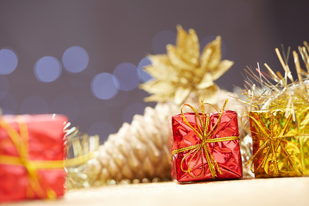 Christmas decorations on a background of lights and glareの写真素材