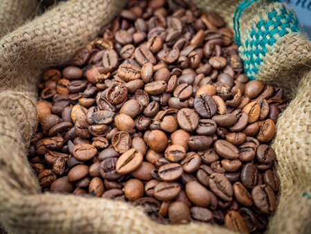 coffe beans in sackcloth close up