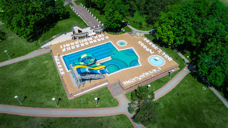water park pool water pipe aerial viewの写真素材