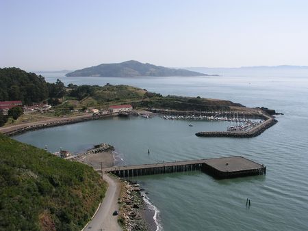 Horseshoe Bay & Fort Baker from the Golden Gate Bridge, Marin County, Californiaの写真素材