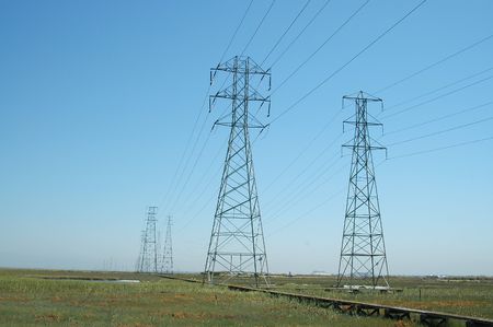 Power transmission towers, Baylands Nature Preserve, Palo Alto, Californiaの写真素材