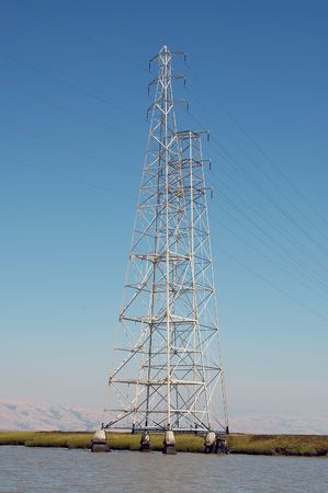 Power transmission tower, Baylands Nature Preserve, Palo Alto, Californiaの写真素材