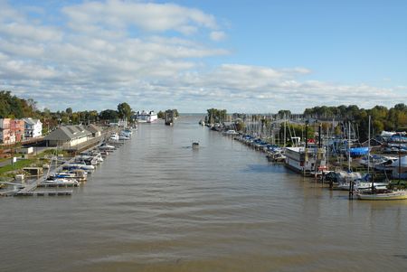 Boat docks along the Genesee River, Rochester, New Yorkの写真素材
