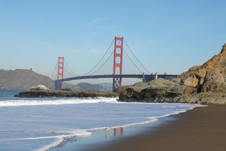 Golden Gate Bridge and Baker Beach, San Francisco, Californiaの写真素材