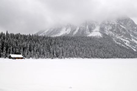 Lake Louise in winter, Banff National Park, Alberta, Canadaの写真素材