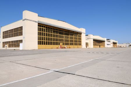Disused airplane hangars, Alameda, Californiaの写真素材