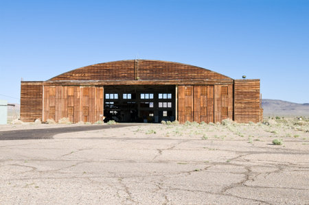 Wooden hangar for aircraft, Tonopah Airport, Tonopah, Nevadaの写真素材