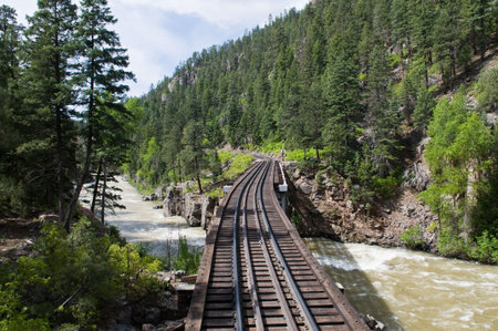 Railroad tracks through the mountains between Durango and Silverton, Coloradoの写真素材