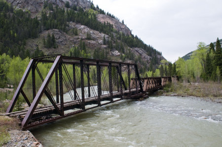 Disused railway bridge over the Animas River between Durango and Silverton, Coloradoの写真素材