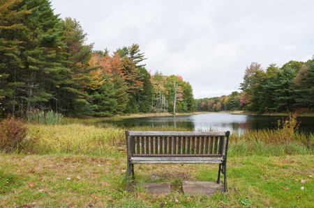 Autumn colors surround a small lake near Round Pond, Maineの写真素材