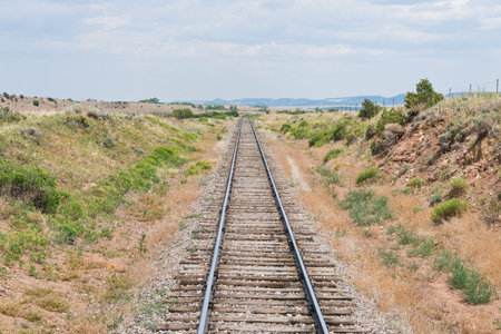 Railroad tracks through colorful grass field near La Veta, Coloradoの写真素材