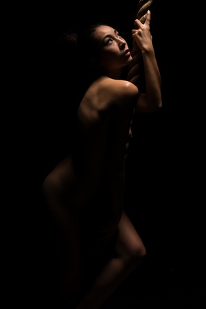 Beautiful young nude Asian woman clinging to a climbing ropeの写真素材