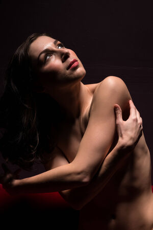 Pretty young brunette nude on a red couchの写真素材