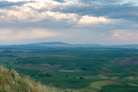 Farmland at dusk, Steptoe Butte State Park, Oakesdale, Washingtonの写真素材