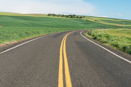 Road through rolling hills of rural Thornton, Washingtonの写真素材