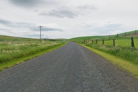 Gravel road through wheat fields, Palouse, Washingtonの写真素材