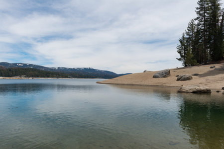 Shaver Lake, an artificial alpine lake in the Sierra National Forest, Californiaの写真素材
