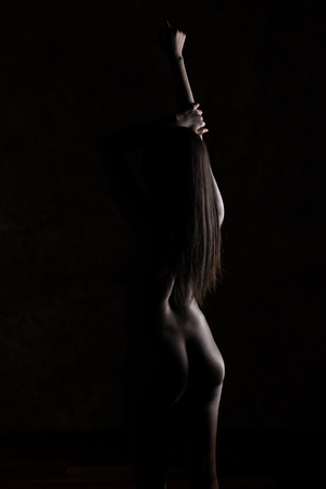 Shapely Ghanaian woman standing nude in deep shadowの写真素材