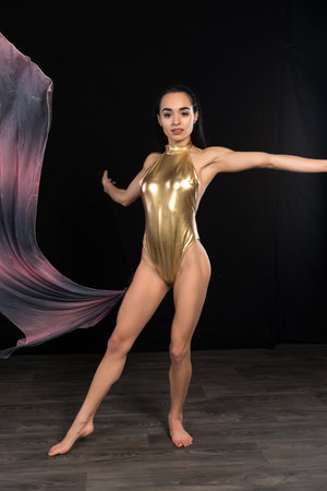 Petite young brunette in a shiny gold leotardの写真素材