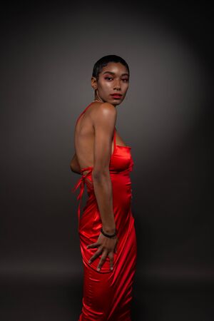 Slender young African American woman in a tight red dressの写真素材