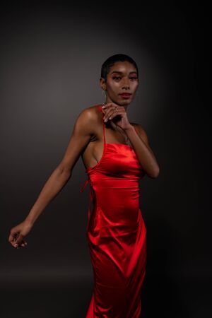 Slender young African American woman in a tight red dressの写真素材