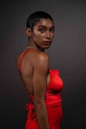 Slender young African American woman in a tight red dressの写真素材