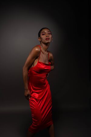 Slender young African American woman in a tight red dressの写真素材