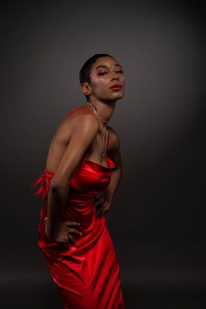 Slender young African American woman in a tight red dressの写真素材