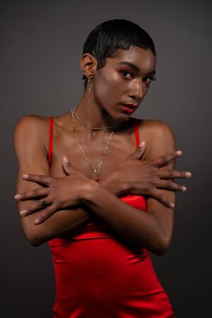 Slender young African American woman in a tight red dressの写真素材