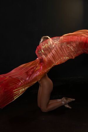 Beautiful slender blonde woman waving bright translucent wingsの写真素材