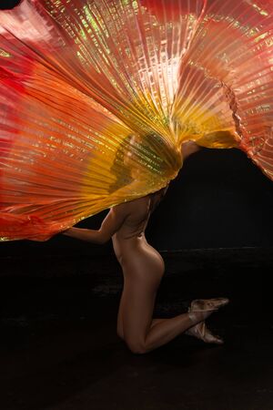 Beautiful slender blonde woman waving bright translucent wingsの写真素材