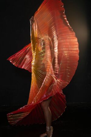 Beautiful slender blonde woman waving bright translucent wingsの写真素材
