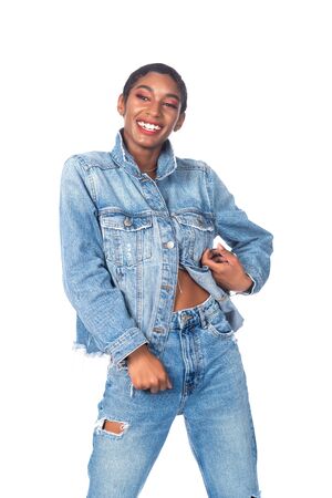 Slender young African American woman in distressed denimの写真素材