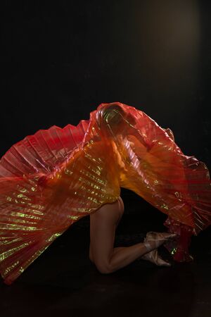 Beautiful slender blonde woman waving bright translucent wingsの写真素材
