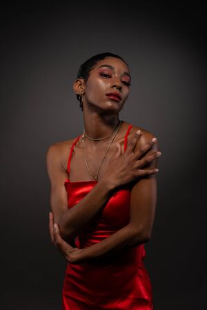 Slender young African American woman in a tight red dressの写真素材