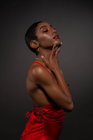 Slender young African American woman in a tight red dressの写真素材