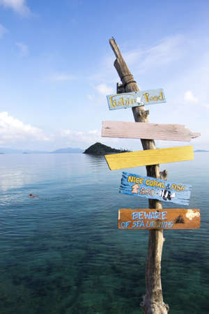 A wooden sign for viewpoint for snorkeling at Koh Mak, Trad Thailand の写真素材