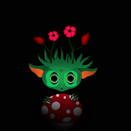 Illustration of a green monster with flowers and mushroomのイラスト素材