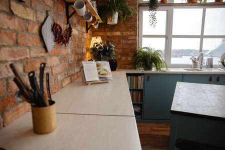 Kitchen loft with designed brick wall and a window facing The National Library in Riga, Latvia
