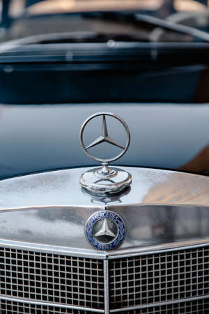 RIGA, LATVIA - JANUARY 19, 2019: Beautiful old Mercedes 200 - Vintage car from 1967 - Benz star...