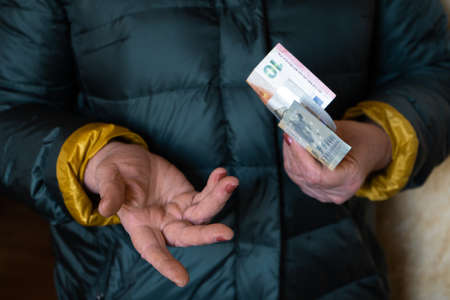Older senior woman holds EURO banknotes - Eastern European salary pension