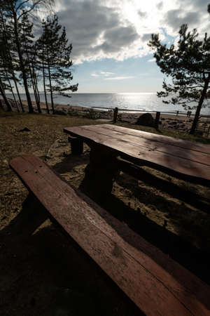 Beautiful distant picnic and camping spot Veczemju Klintis near a Baltic sea in a pine forest with a...