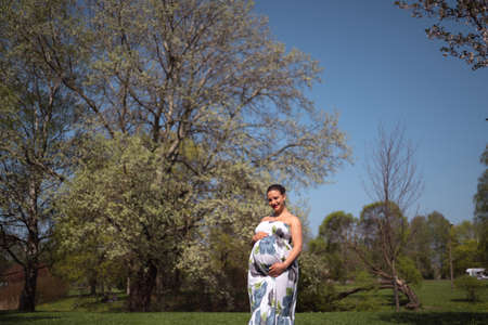 Young traveler pregnant woman walking, running, turning around and enjoys her leisure free time in a park with blossoming sakura cherry trees wearing a summer light long dress with flower patternの写真素材