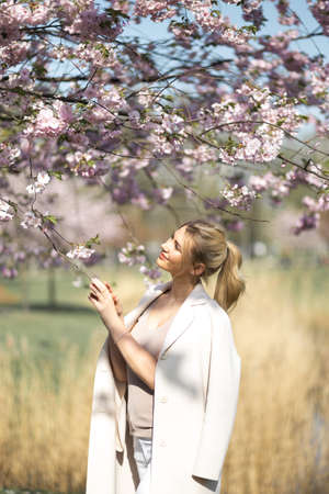 Beautiful blonde young woman in Sakura Cherry Blossom park in Spring enjoying nature and free time during her traveling tourist free time - Wearing white pants and t-shirt with a beige jacketの写真素材
