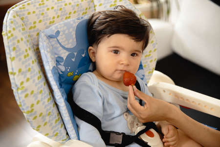 Mother feeding her baby son porridge in the child seat - Asian mixed ethnicity child Boy wearing...