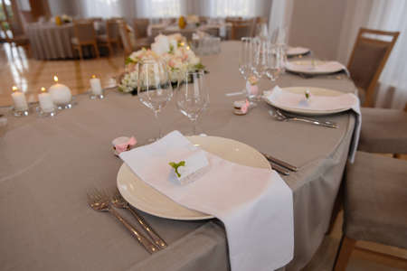 Food served on table in a white hall during a wedding reception in Eastern European Baltic Riga Latvia - Biege, creme and pink colors with name signs on dishes - Canape, snacks and light drinksの写真素材