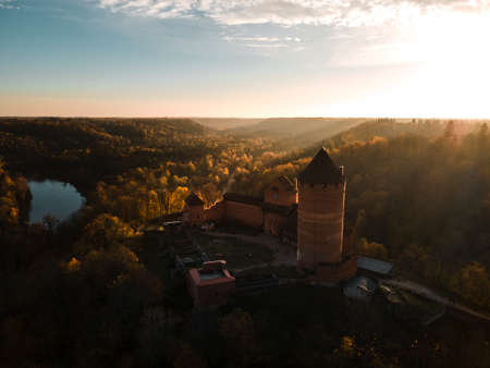 Panoramic autumn aerial view of Turaida castle